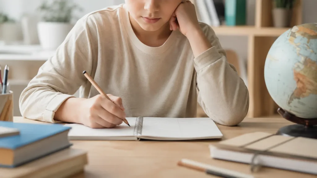 Criança estudando no caderno, representando dificuldades escolares apesar de bom potencial de aprendizagem